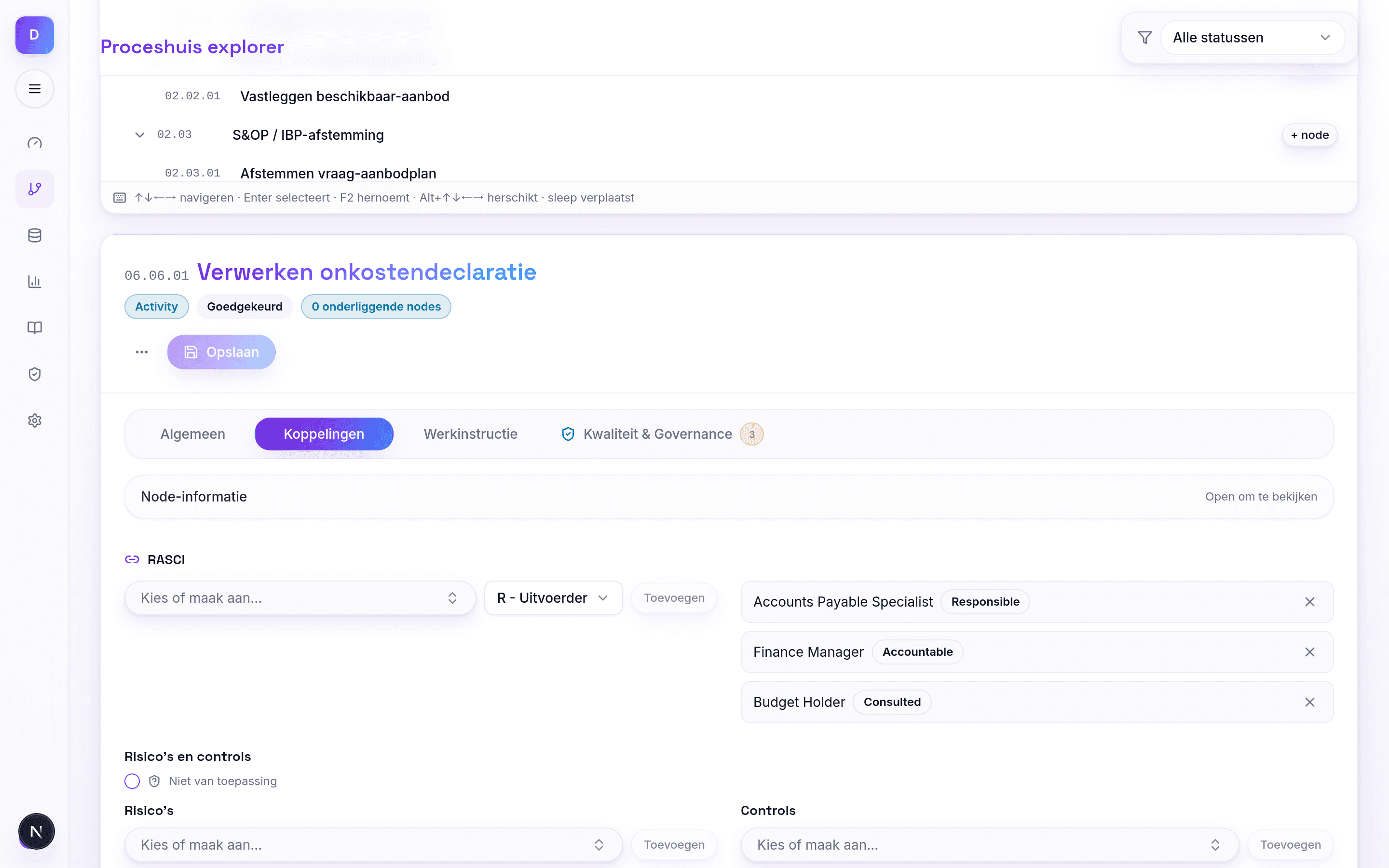 Proceshuis: een activiteit met RASCI, risico's en controls gekoppeld op de processtap (Koppelingen-tab)